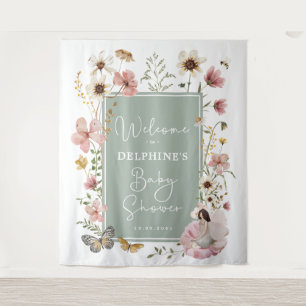 Sage Blush Fairy Wildflower Baby Shower Welcome Tapestry