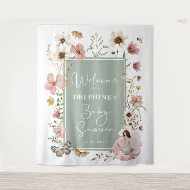 Sage Blush Fairy Wildflower Baby Shower Welcome Tapestry (Front)