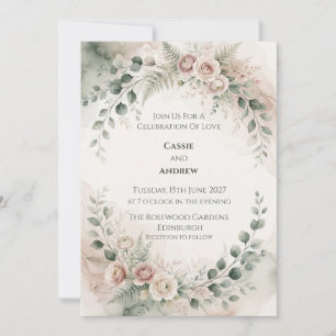 Sage Blush Garden Rose Wedding Invitation