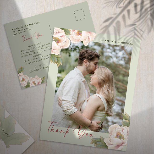 Sage & Blush Peony Floral Photo Wedding Thank You  Postcard (Creator Uploaded)