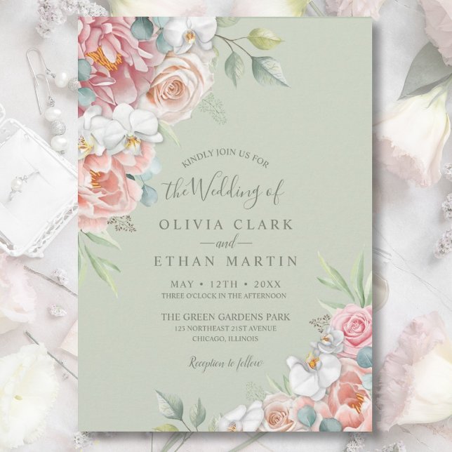 Sage Blush Pink Floral Rustic Wedding Invitation (Creator Uploaded)