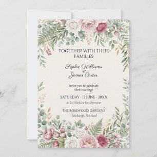 Sage Blush Rose Fern Wedding Invitation