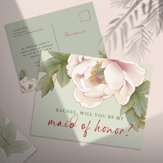 Sage & Blush Will You Be My Maid of Honour Proposa Postcard (Creator Uploaded)