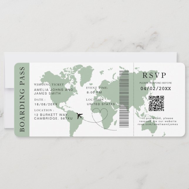 Sage Boarding Pass Destination wedding QR code  Invitation (Front)