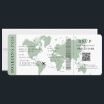 Sage Boarding Pass Destination wedding QR code  Invitation<br><div class="desc">Sage green Boarding pass wedding ticket invitation featuring a destination world map,  Wedding Pass,  Destination Wedding,  Passport with QR code Rsvp card.</div>