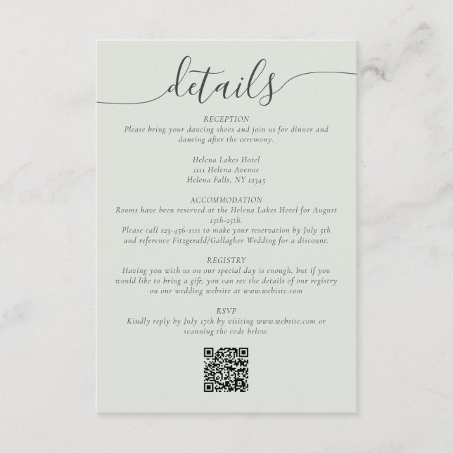 Sage Bohemian Script Simple Wedding Details Enclosure Card (Front)