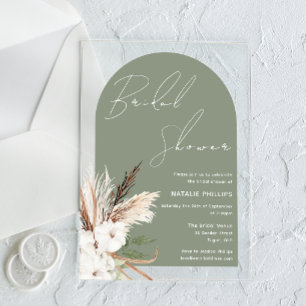 Sage Boho Arch White Floral Bridal Shower Acrylic Invitations