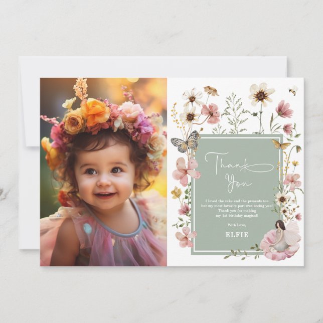 Sage Boho Fairy Wildflower Girl Birthday Photo Thank You Card (Front)