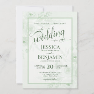 Sage Boho Floral Watercolor Stylish Script Wedding Invitation
