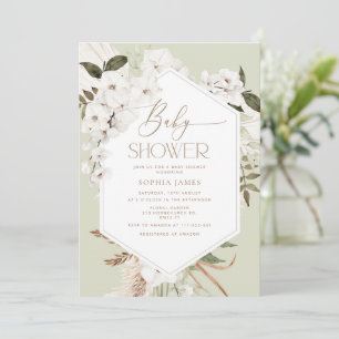 Sage boho pampas grass baby shower invitation