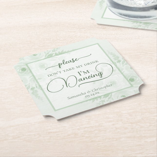 Sage Boho Peonies Don't Take My Drink Wedding Paper Coaster (Angled)