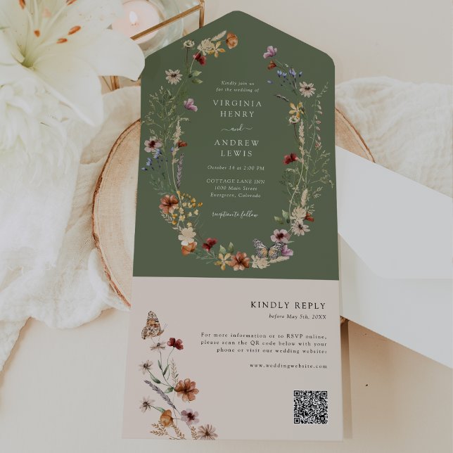 Sage Boho QR Code All In One Invite (Boho Sage Boho Wildflower QR Code All In One with Butterfly Invite by Painted Paperie
)