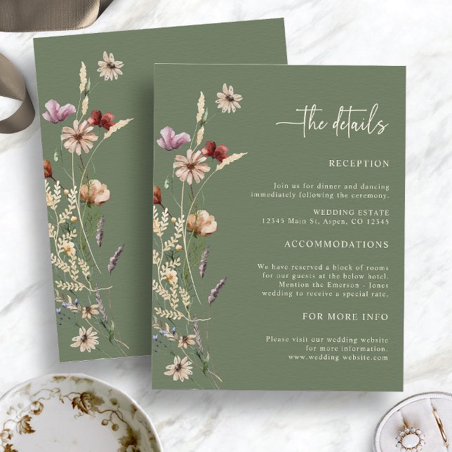 Sage Boho Wildflowers Wedding Enclosure Card (Sage Green Boho Wildflowers The Details Wedding Enclosure Card by Painted Paperie)