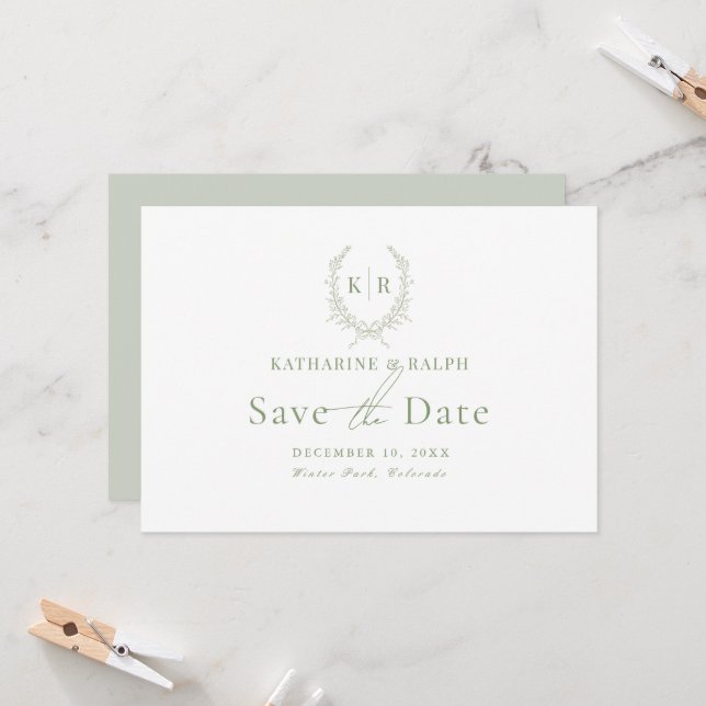 Sage Botaniacal Crest Monogram Save the Date Invitation (Front/Back In Situ)