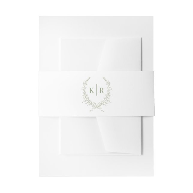 Sage Botaniacal & Ribbon Crest Monogram Wedding Invitation Belly Band (Front Example)