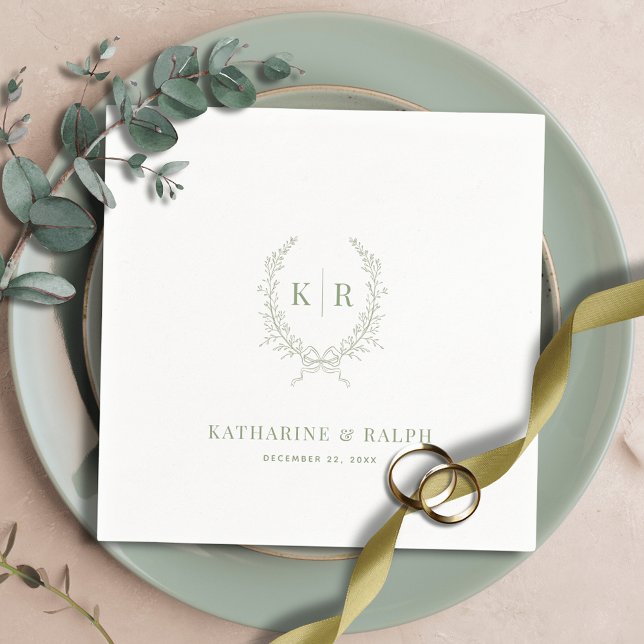 Sage Botaniacal & Ribbon Crest Monogram Wedding Napkin (Creator Uploaded)