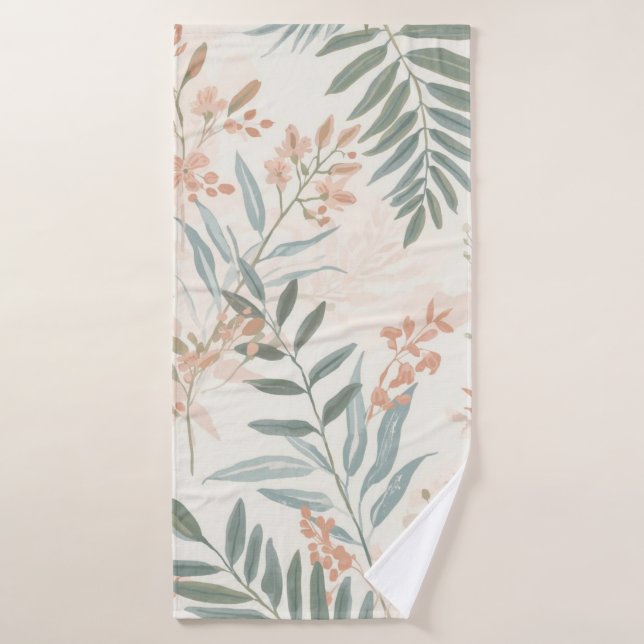 Sage Botanical Blush Leaf Watercolor Pattern Bath Towel (Bath Towel)
