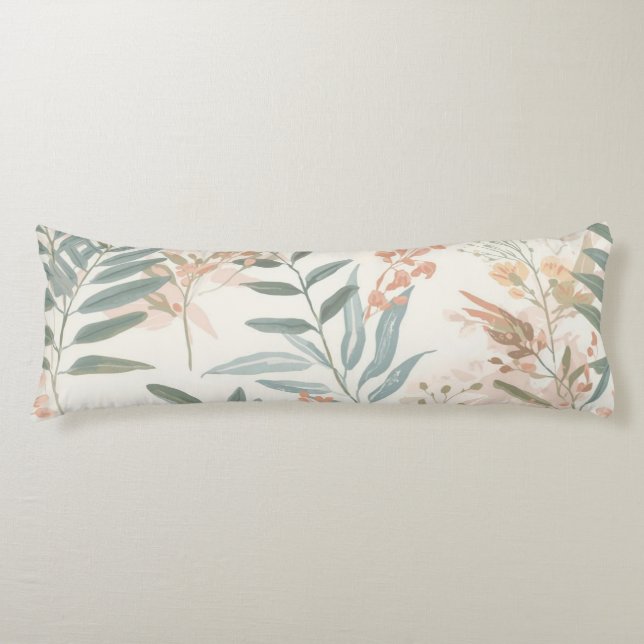 Sage Botanical Blush Leaf Watercolor Pattern Body Cushion (Front)
