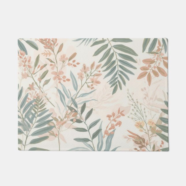 Sage Botanical Blush Leaf Watercolor Pattern Doormat (Front)
