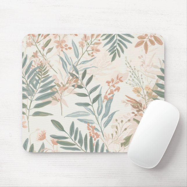 Sage Botanical Blush Leaf Watercolor Pattern Mouse Mat (With Mouse)
