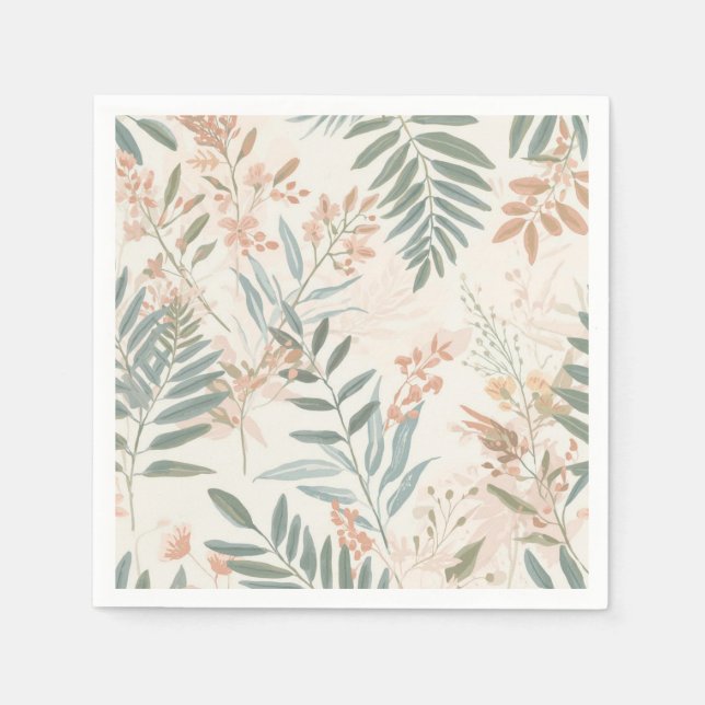 Sage Botanical Blush Leaf Watercolor Pattern Napkin (Front)