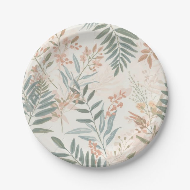 Sage Botanical Blush Leaf Watercolor Pattern Paper Plate (Front)