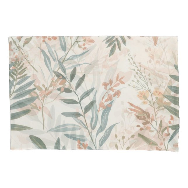 Sage Botanical Blush Leaf Watercolor Pattern Pillowcase (Front)