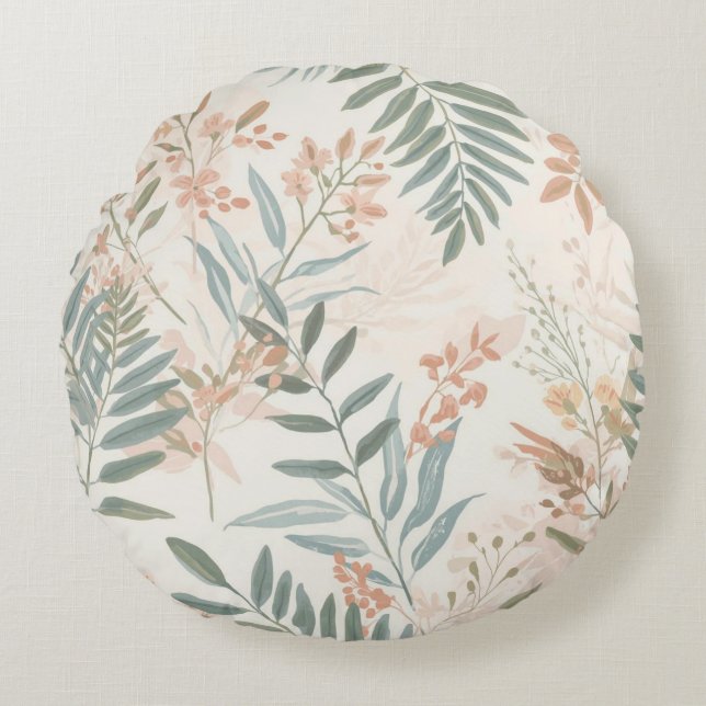 Sage Botanical Blush Leaf Watercolor Pattern Round Cushion (Front)