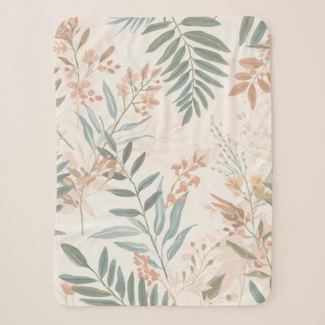 Sage Botanical Blush Leaf Watercolor Pattern Sherpa Blanket (Front)