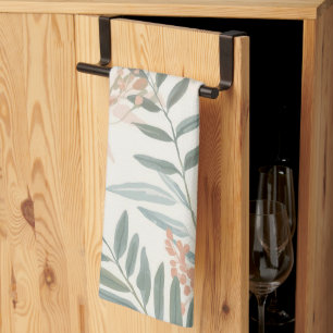 Sage Botanical Blush Leaf Watercolor Pattern Tea Towel
