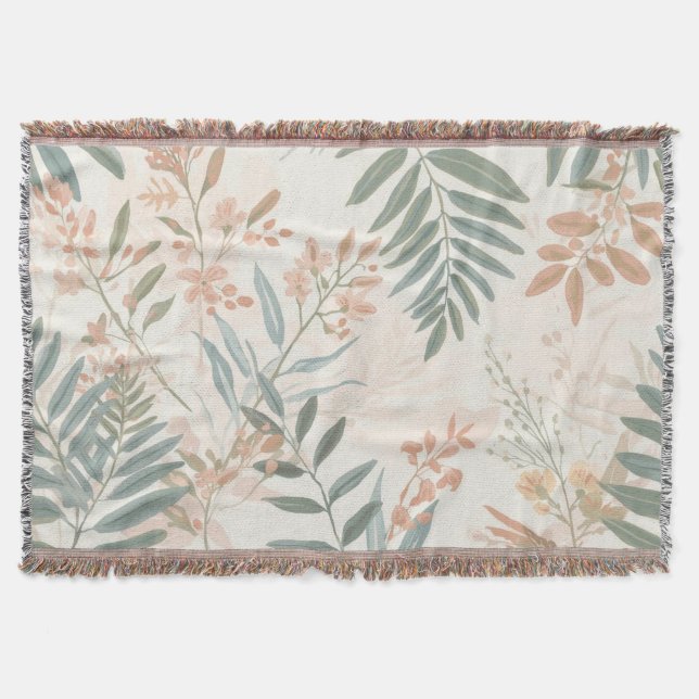 Sage Botanical Blush Leaf Watercolor Pattern Throw Blanket (Front)