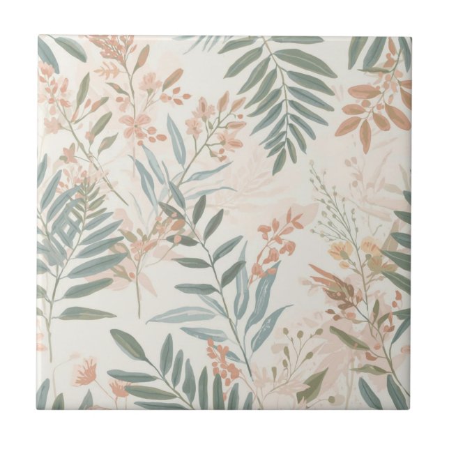 Sage Botanical Blush Leaf Watercolor Pattern Tile (Front)