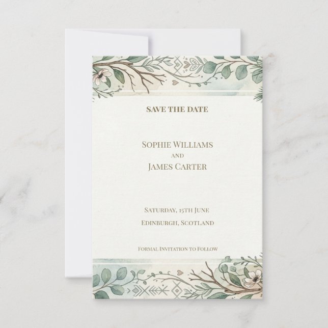 Sage Botanical Border Save The Date Card (Front)