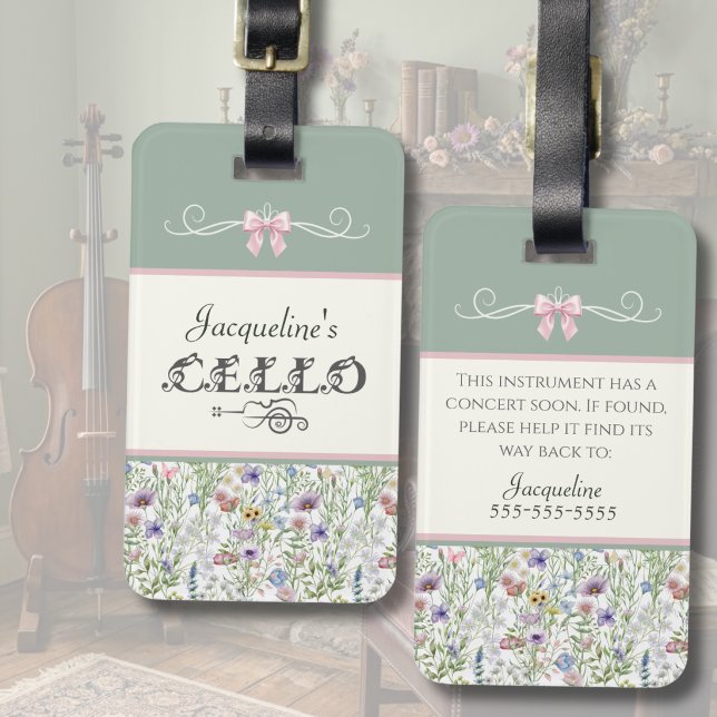 Sage Botanical Cello Student Instrument Case Tag  (Custom Cello Case Tag | Whimsical Wildflower Aesthetic | Botanical Gift for Cello Students)