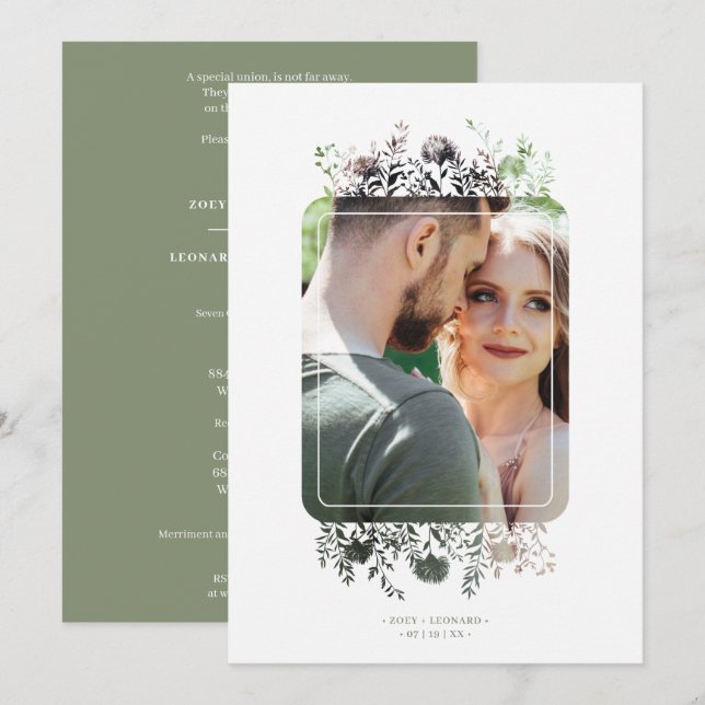 Sage Botanical Elegant Wildflowers Photo Wedding Invitation (Front/Back)