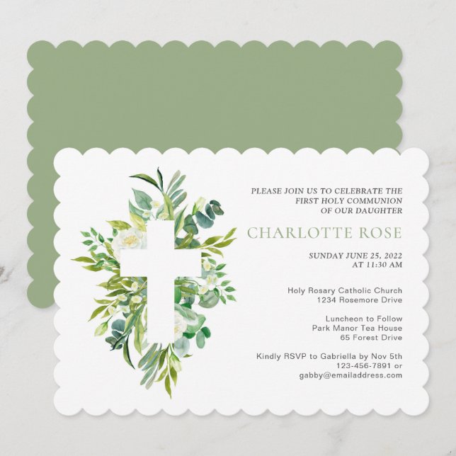Sage Botanical Watercolor First Holy Communion Inv Invitation (Front/Back)