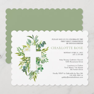 Sage Botanical Watercolor First Holy Communion Inv Invitation