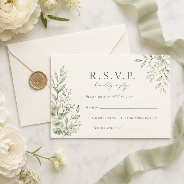 Sage Botanical Wedding RSVP Personalised Reply Art Card (Creator Uploaded)