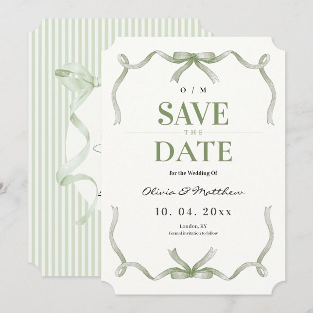 Sage Bow and Stripe Elegant & Modern Wedding  Save The Date (Front/Back)