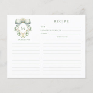 Sage Bow Crest Monogram  Recipe Card