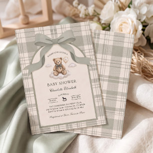 Sage Bow Teddy Bear Cloud Baby Shower Invitation