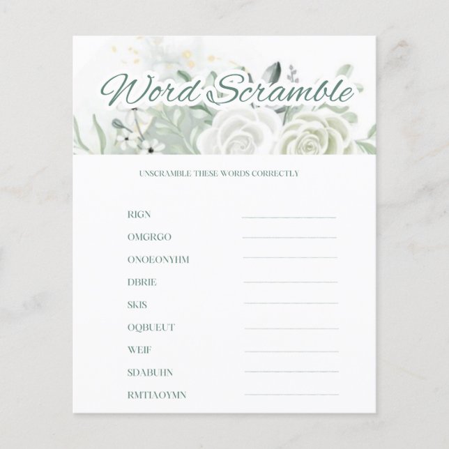 Sage Bridal Shower Word Scramble (Front)