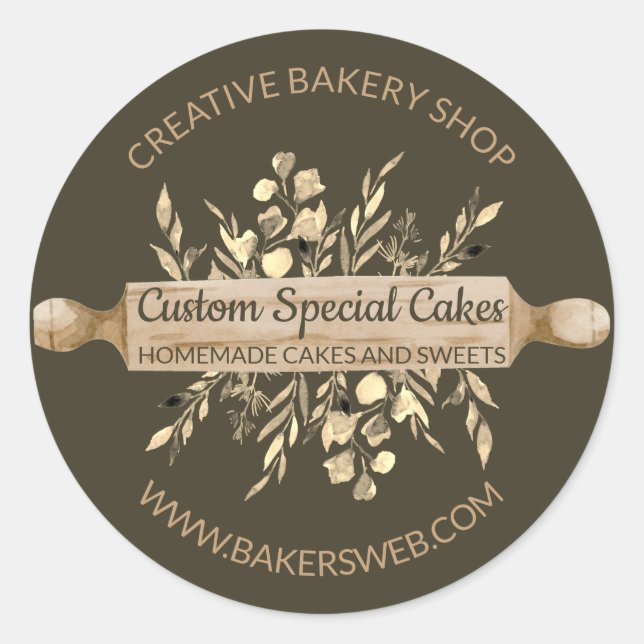 Sage Brown Bakery Flowers Cooking Rolling Pin Classic Round Sticker (Front)