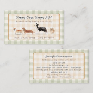 Sage Brown Gingham Dog Walker Pet Sitting Business Card