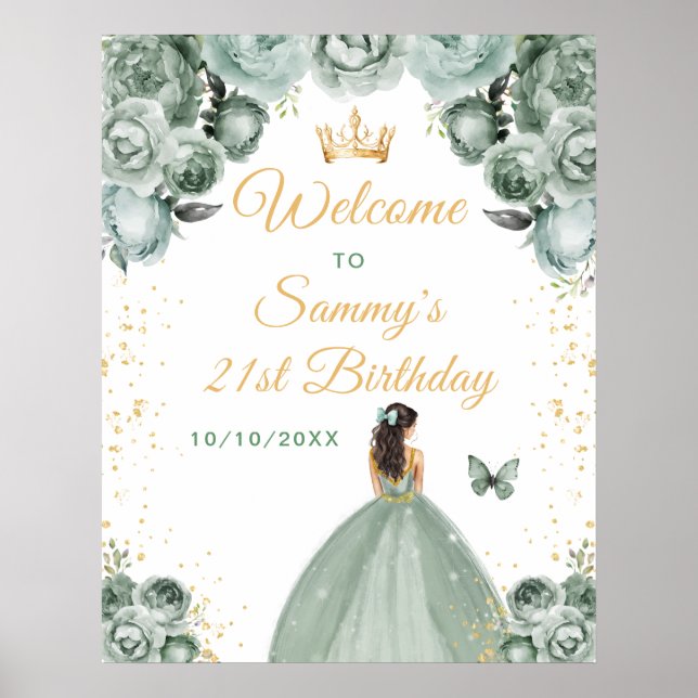 Sage Brunette Hair Princess Birthday Welcome Poster (Front)