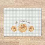 Sage Buffalo Check Pumpkin Autumn Fall Family Name Tea Towel<br><div class="desc">Custom-designed modern rustic kitchen towels for the autumn fall season featuring watercolor orange pumpkins with personalised family name on sage buffalo check pattern.</div>