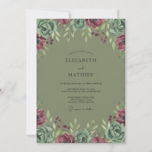 Sage Burgundy Botanical Romance Wedding Invitation