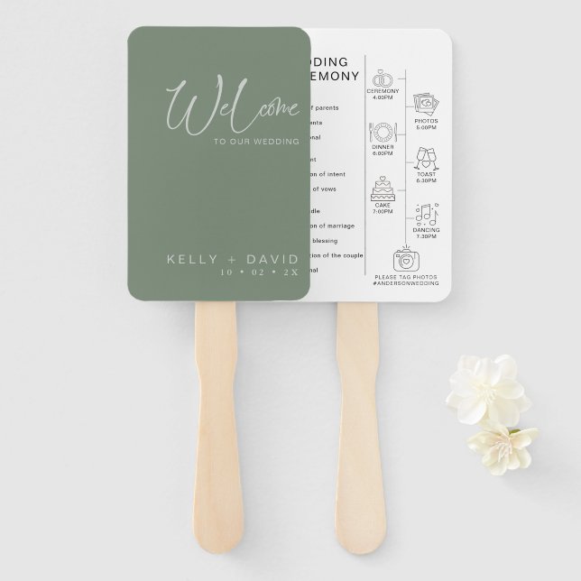 Sage Calligraphy Pictograms Wedding Program Hand Fan (Front and Back)