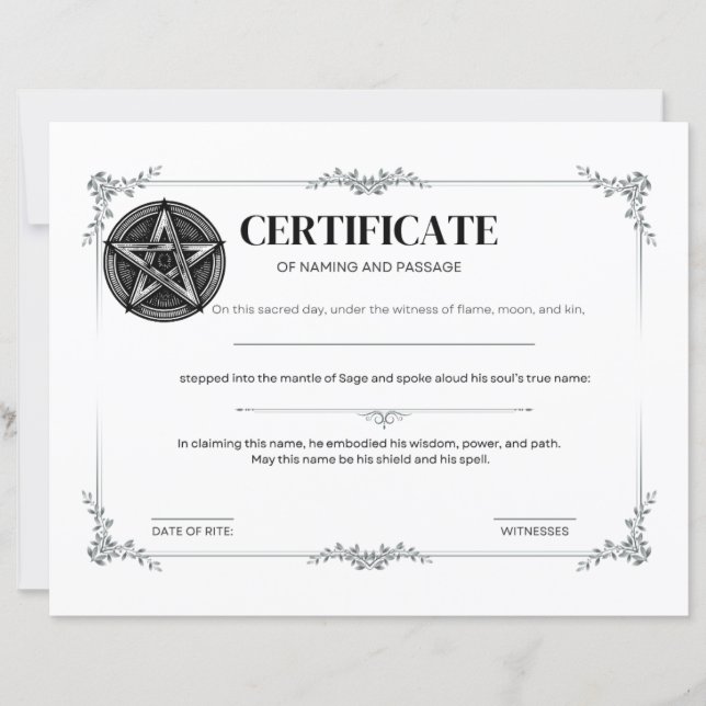 Sage Certificate of Naming and Passage  (Front)