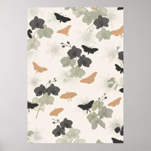 Sage Charcoal Moth Orchid Botanical Pattern Art Poster